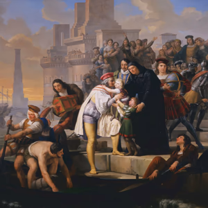 Christopher Columbus Leaving Port of Palos de la Frontera Recommending His Sons to Father Giovanni Pérez by Pelagio Palagi